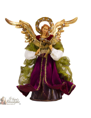 Ange auréolé à robe rouge et verte avec harpe