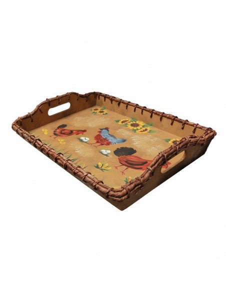 Serving tray decorated with hens in the style of a farmhouse, handmade