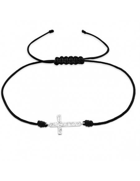 Silver bracelet with adjustable cross cord and zircons
