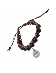 Wood and black leather ten bracelet with St Benedict medal