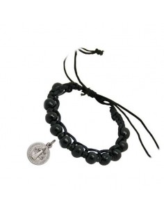 Wood and black leather ten bracelet with St Benedict medal