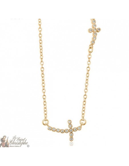 Collier doré croix allongées avec strass