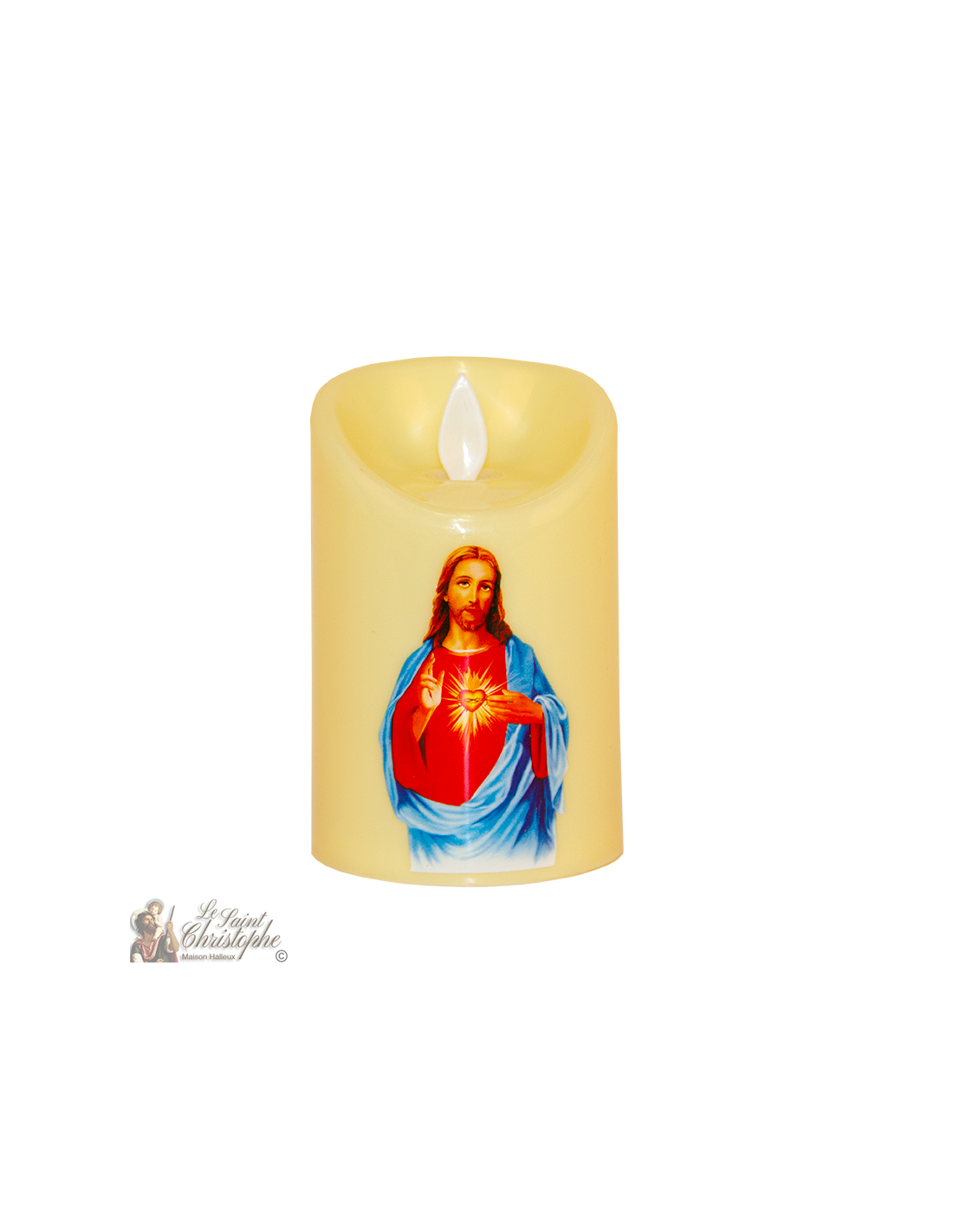 Led candle flickering flame sacred heart of Jesus
