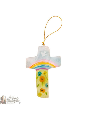 Cruz de nácar - flor de paloma y arco iris