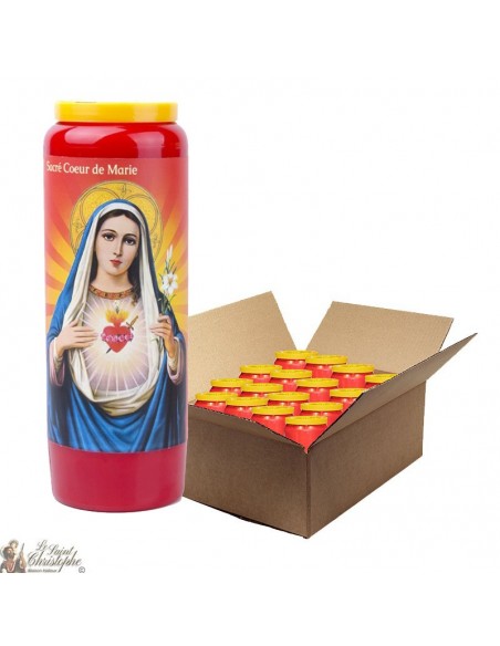 Bougie de neuvaine rouge au Sacré Cœur de Marie - carton 20 pièces
