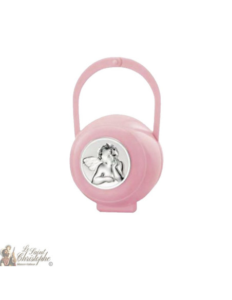 Clip per ciuccio e scatola con medaglia angelo - rosa