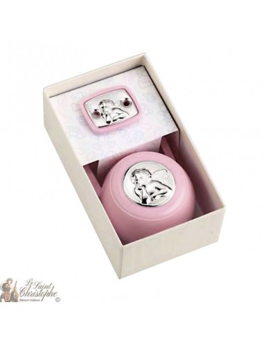 Teat hook and box with angel medal - pink