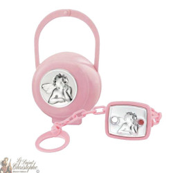 Clip per ciuccio e scatola con medaglia angelo - rosa