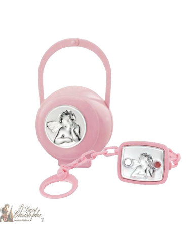 Clip per ciuccio e scatola con medaglia angelo - rosa