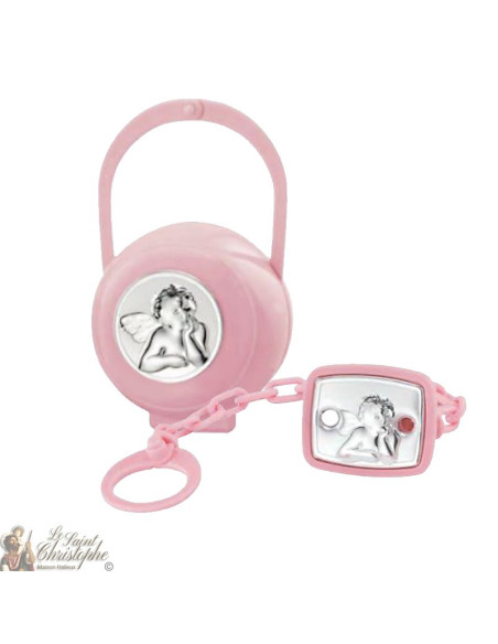 Clip per ciuccio e scatola con medaglia angelo - rosa