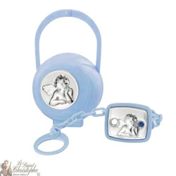 Clip per ciuccio e scatola con medaglia angelo - blu