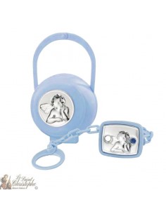 Schnullerklammer und Schachtel mit Engelsmedaille - blau