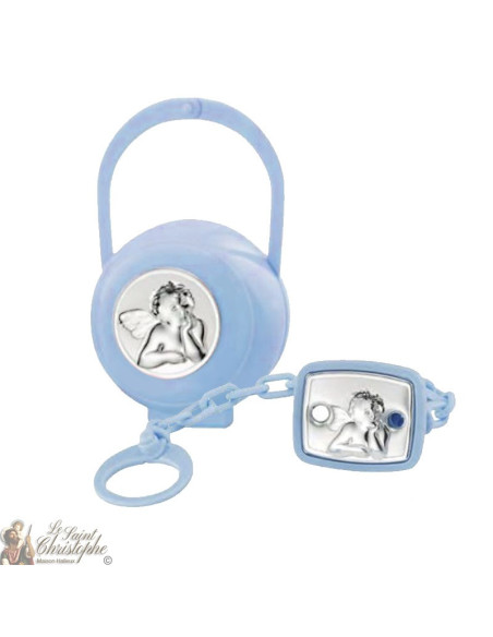 Accroche de tétine et boîte avec médaille d'ange - bleu