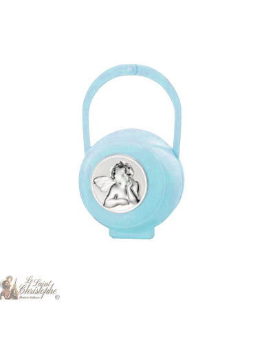 Clip per ciuccio e scatola con medaglia angelo - blu