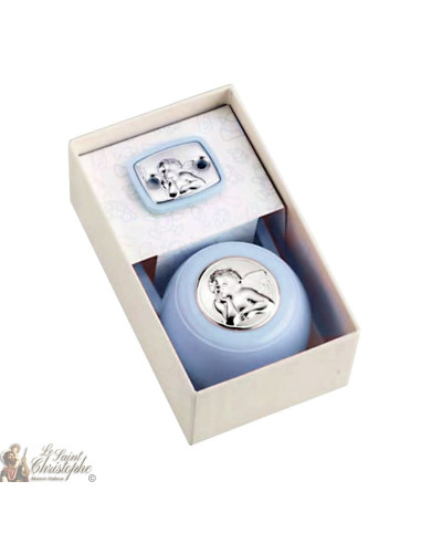 Accroche de tétine et boîte avec médaille d'ange - bleu