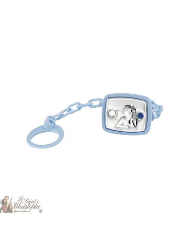 Accroche de tétine et boîte avec médaille d'ange - bleu