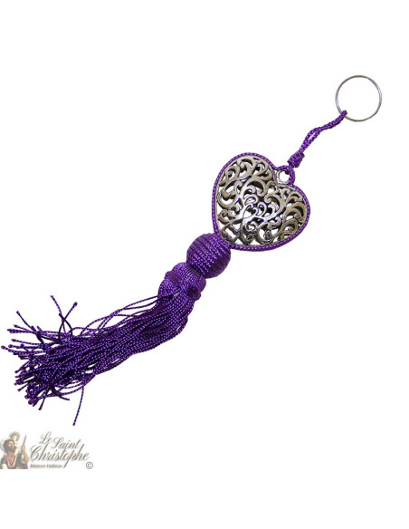 Portachiavi cuore arabesco argentato viola pompon