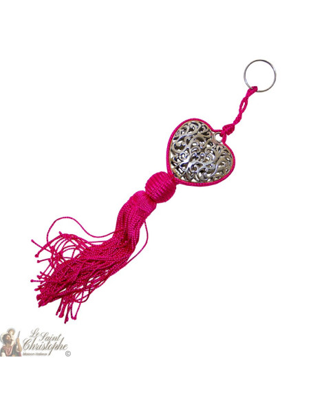 Llavero corazón arabesco rosa plateado pompón