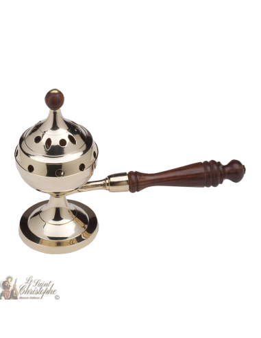 Censer op koperen standaard met lang houten handvat