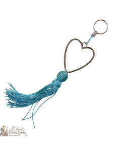 Keychain silver heart cyan pompon