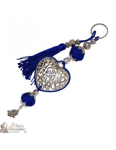 Keychain heart arabesque silver heart blue pompon