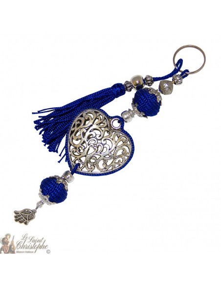 Porte-clés cœur arabesque argenté pompon bleu