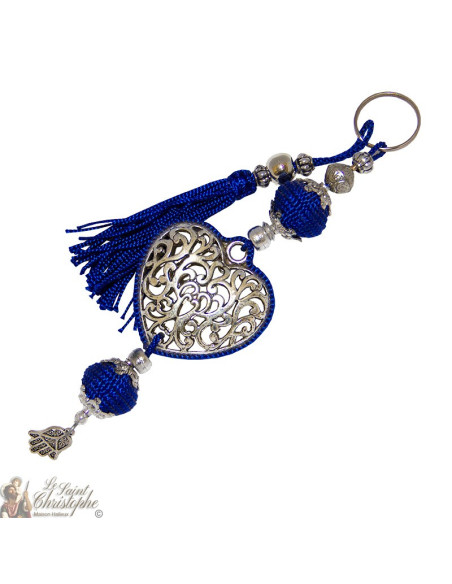 Sleutelhanger hart arabesk zilverblauw pompon sleutelhanger