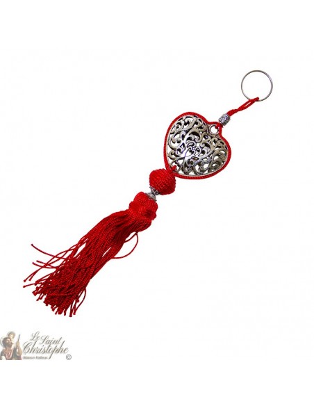 Keychain heart arabesque silver heart red pompom