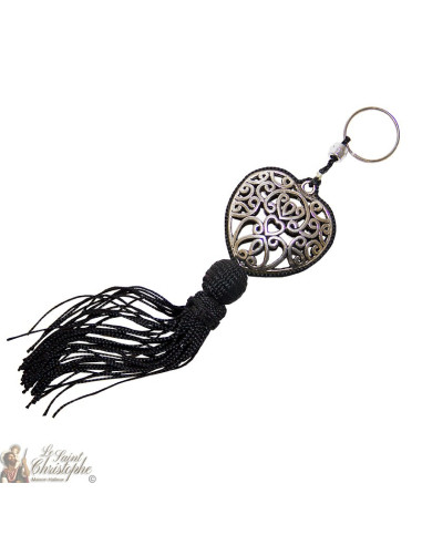 Porte-clés cœur arabesque argenté pompon noir