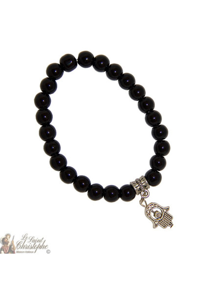 Pulsera con cuentas negras y mano de Fatma - brillante