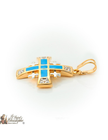 Pendant gold-plated Jerusalem cross crystals and blue enamel