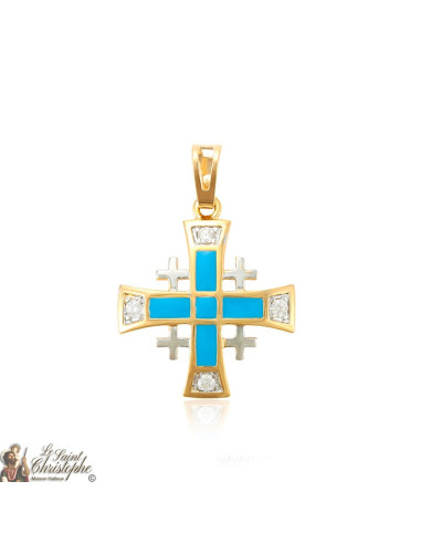 Colgante bañado en oro con cristales de la cruz de Jerusalén y esmalte azul