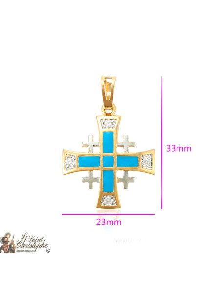 Anhänger vergoldet Jerusalem Kreuz Kristalle und blaue Emaille