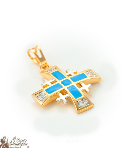 Pendant gold-plated Jerusalem cross crystals and blue enamel