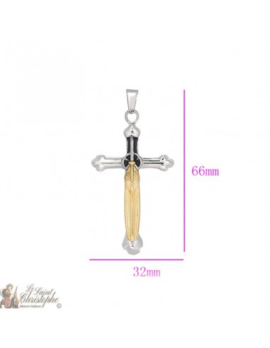 Silver cross and gold feather pendant