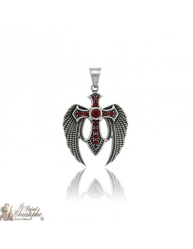 Silver pendant winged cross garnet