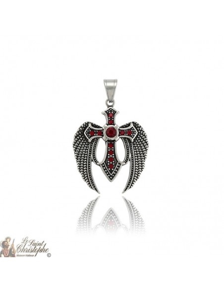Zilveren hanger gevleugeld kruis granaat