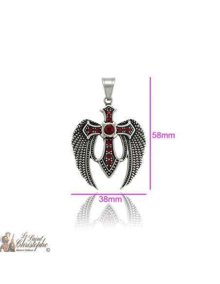 Silver pendant winged cross garnet