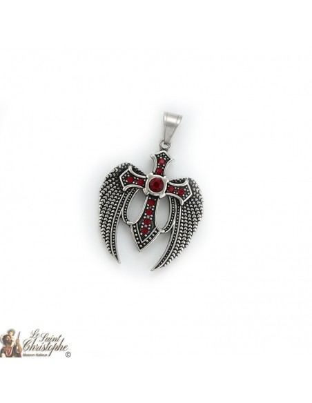 Silver pendant winged cross garnet