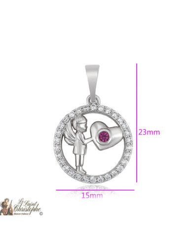 Colgante de plata querubín sosteniendo un corazón y cristales