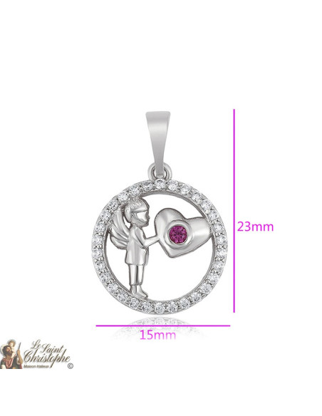 Pendentif argenté angelot tenant un coeur et cristaux