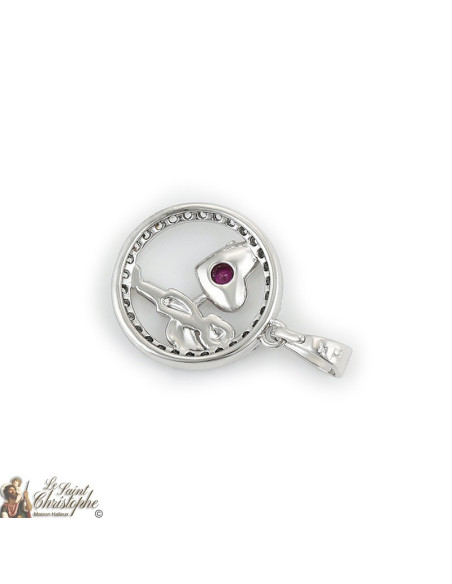 Silver pendant cherub holding a heart and crystals