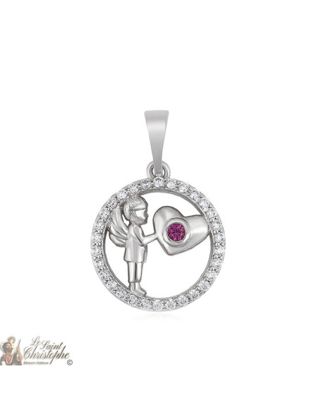 Silver pendant cherub holding a heart and crystals