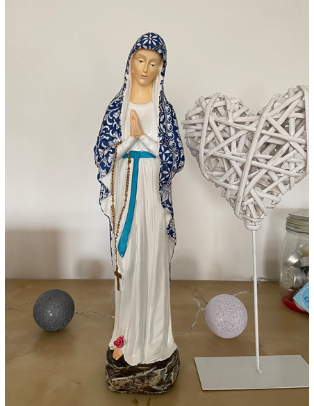 Statua artigianale Vergine dei Poveri di Banneux N.D 40 cm - fiore blu drappeggiato