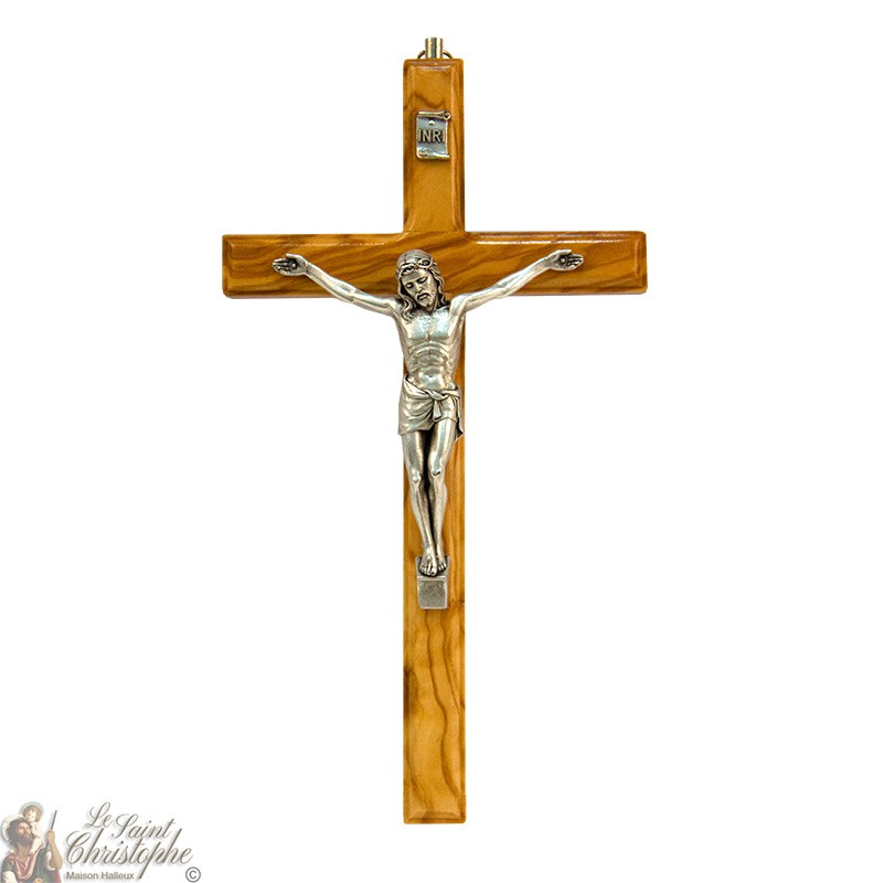 20 cm en Bois dolivier à Suspendre au Mur Crucifix 10658 avec Un Jeton de Double cœur Amour en étain Broche 