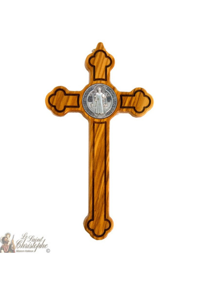 Kruis van Sint Benedictus in olijfhout rond model - 20 cm