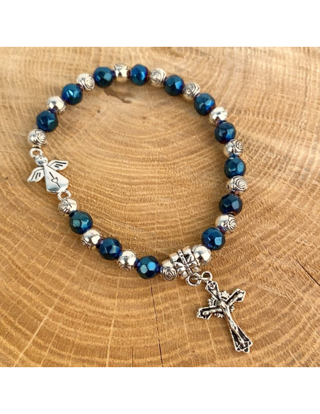 Bracelet dizainier perles bleu et argentées Medjugorjé