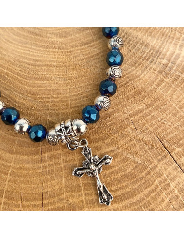 Bracelet dizainier perles bleu et argentées Medjugorjé