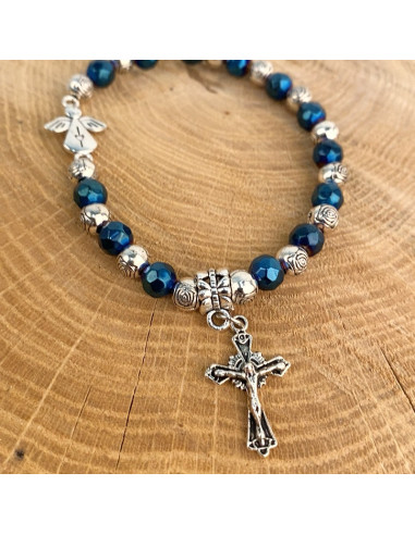 Blauwe en zilveren kralen armband Medjugorje