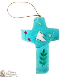 Croix en nacre - colombe bleue étoiles